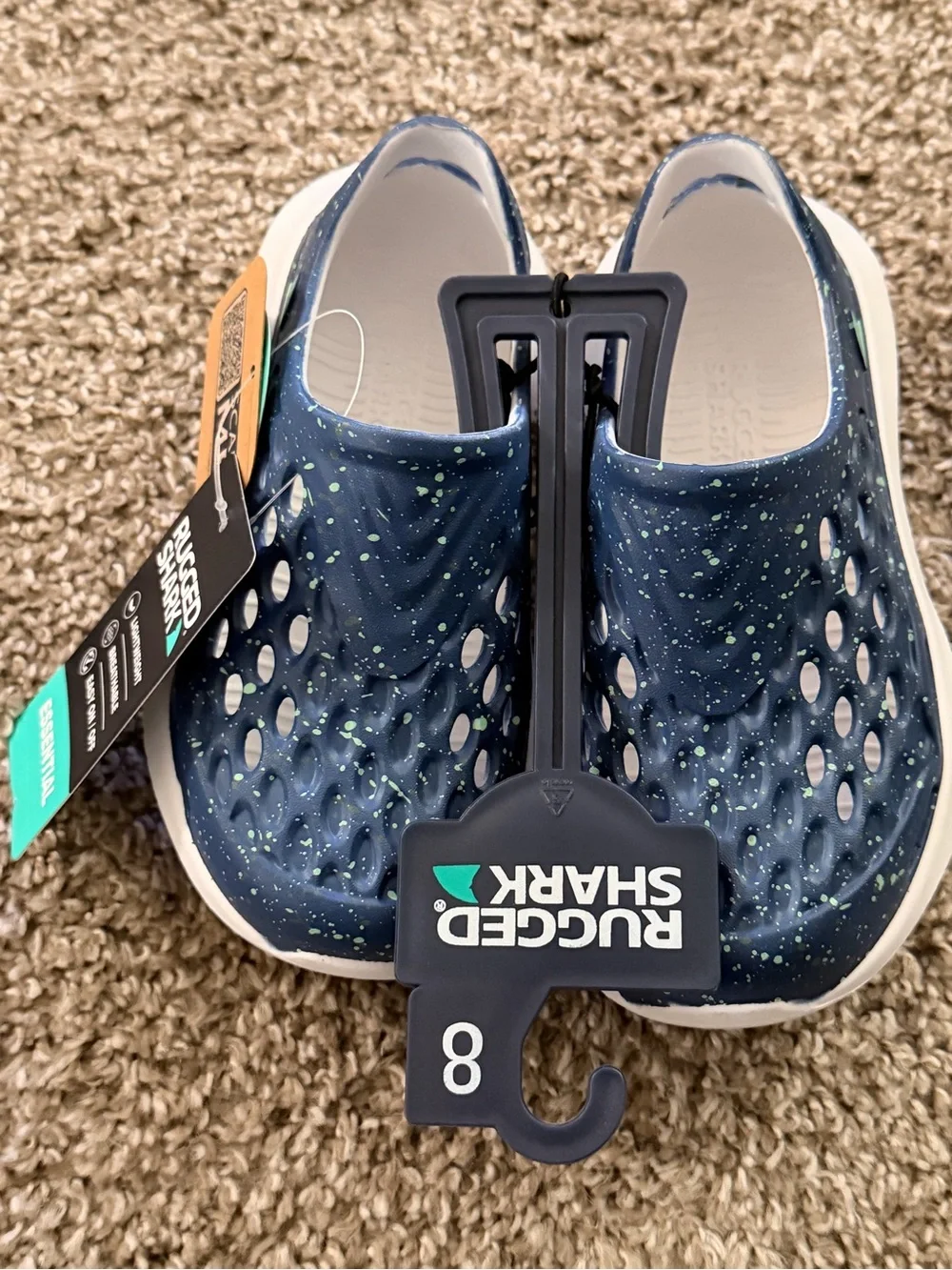 Rugged Shark Kids Navy Blue Slip-On Water Shoes with Green Speckle